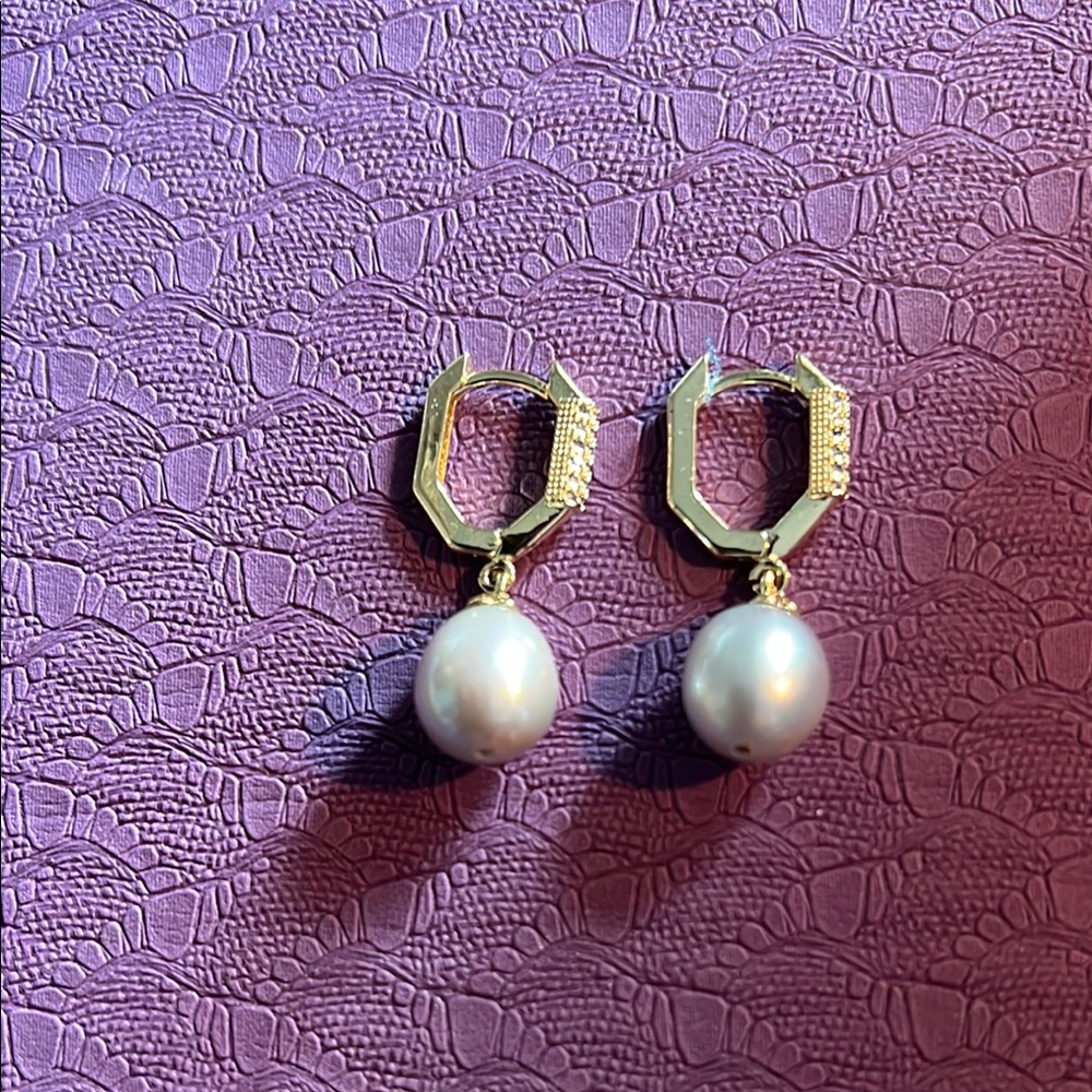 Gold and White south sea Pearl Drop Earrings with CZs